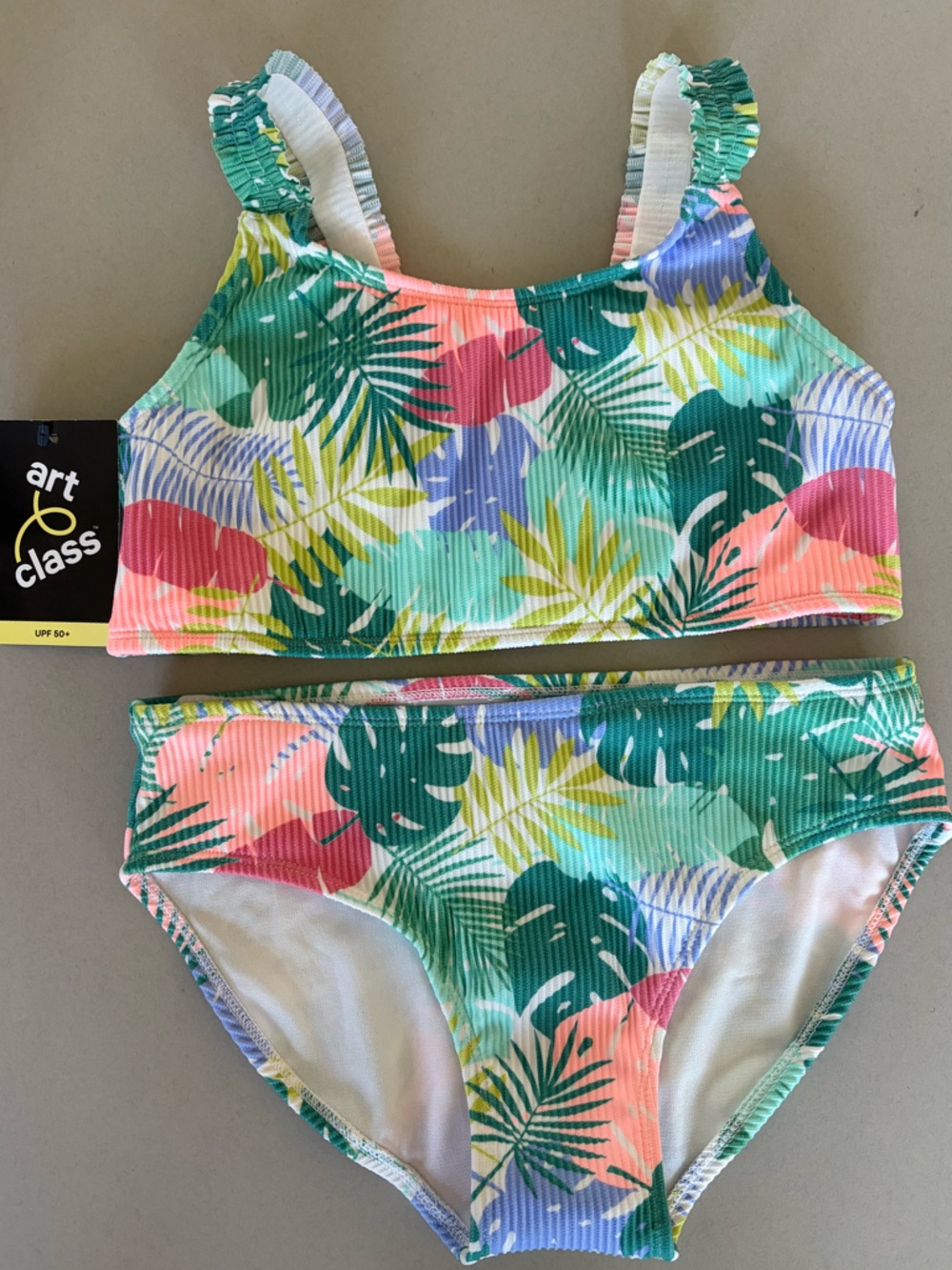 art class Green Tropical Leaf Ribbed Two-Piece Girls' Swim Set. Size XS (4-5)